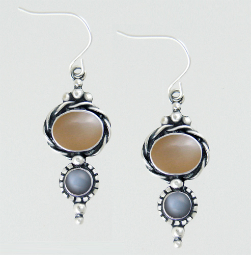 Sterling Silver Drop Dangle Earrings With Peach Moonstone And Grey Moonstone